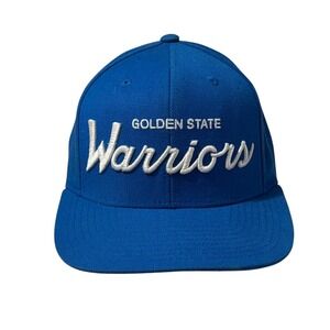 Mitchell & Ness Golden State Warriors Snapback Hat Blue NBA Script Flat Brim Cap